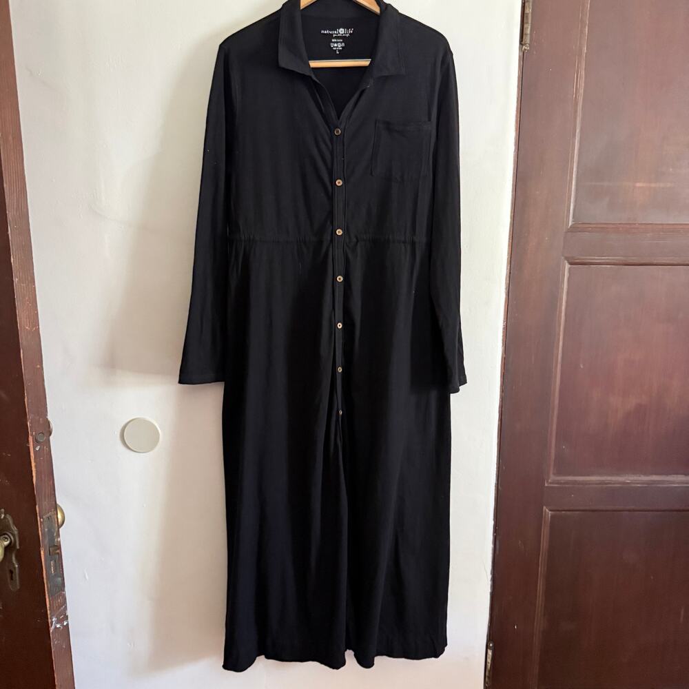 NATURAL LIFE | Black Slub Jersey Button Front Relaxed Fit Shirt Dress | Large
